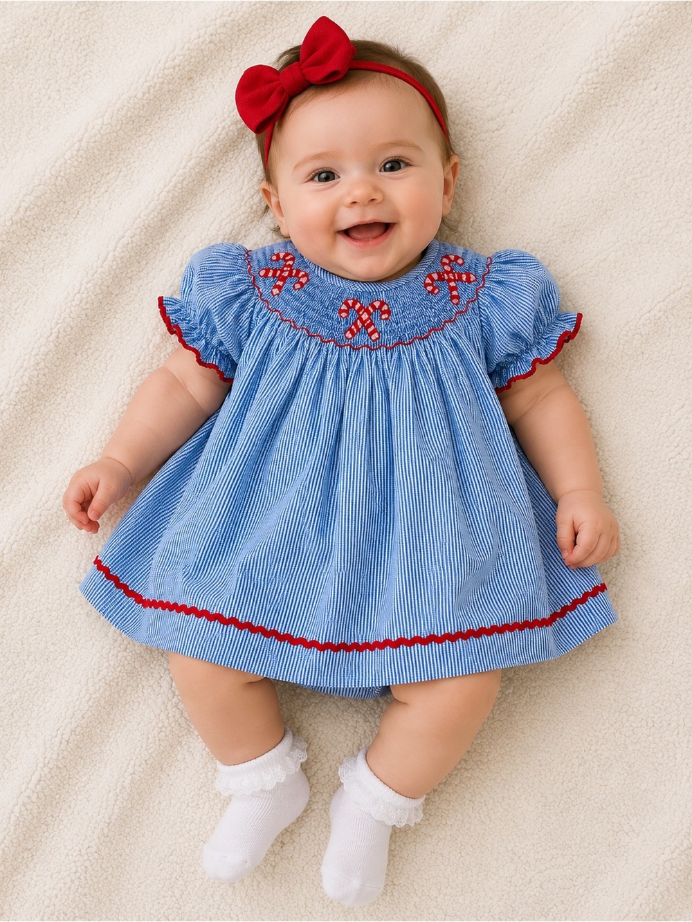 Smock Monkey Baby Top with Blue Gingham Trim - White